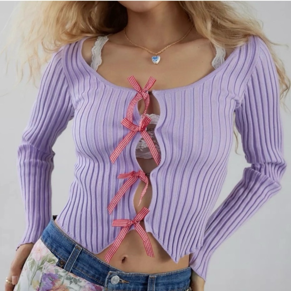 Urban Outfitters Kimchi Blue Sawyer Ribbed Sweater Cardigan- Lilac
